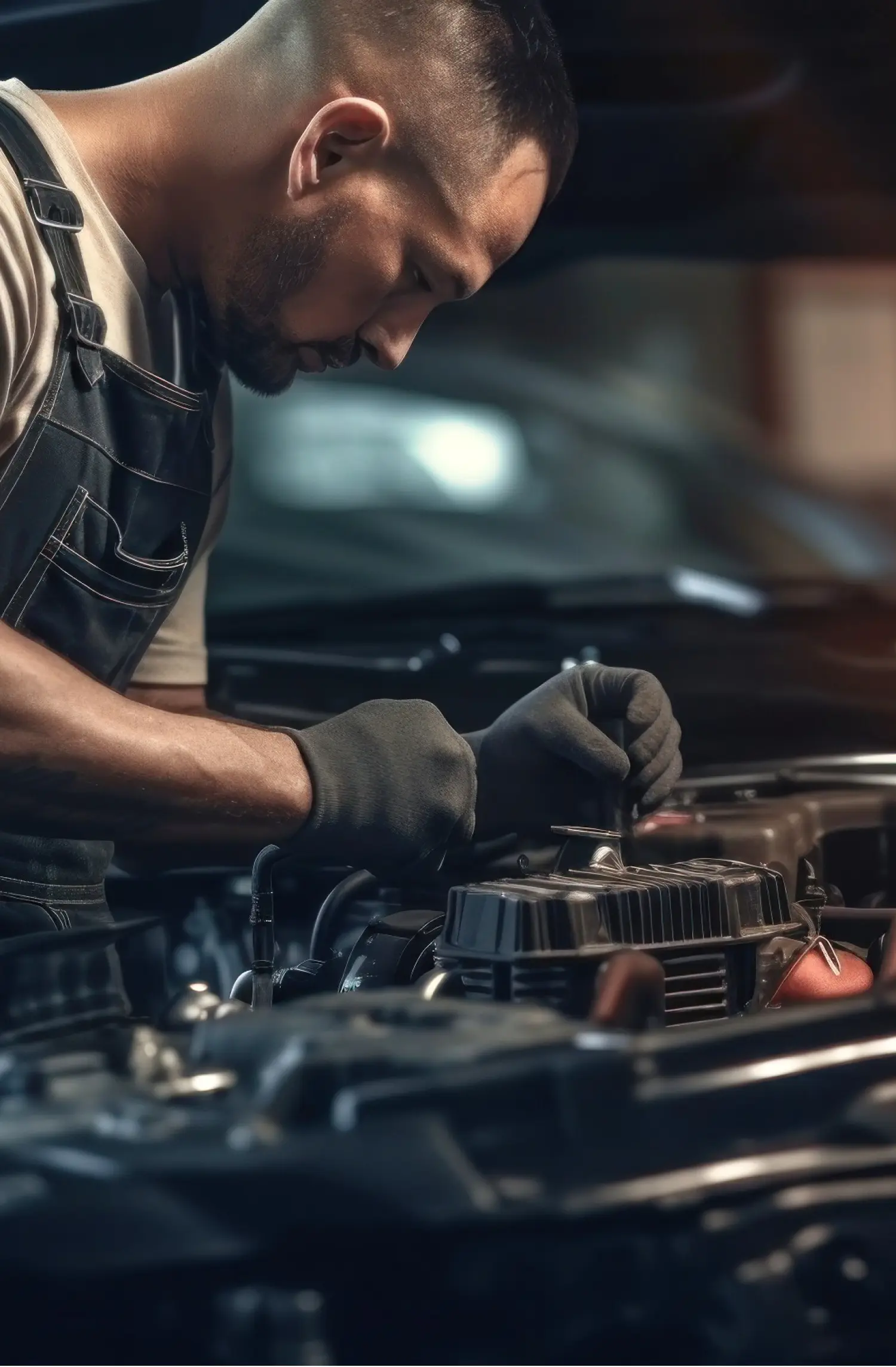 Mechanic working on car engine.