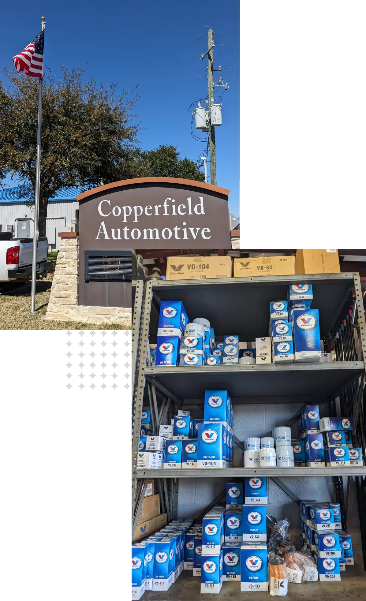 Copperfield Automotive sign and stocked oil filters.